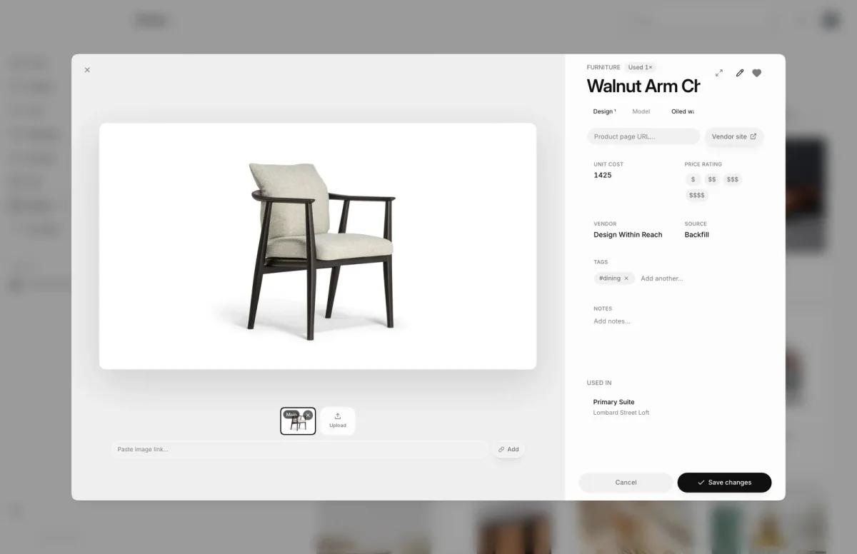 Library item editor for the Walnut Arm Chair with its photo, unit cost, price rating, vendor, source, tags and the projects it is used in, and Save changes.