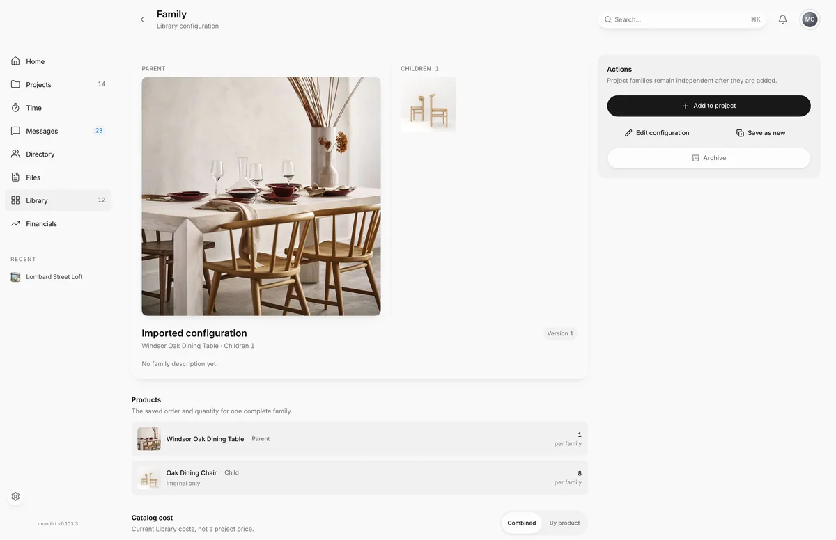 Library family page for Windsor Oak Dining Table, version 1, with the parent table, one chair child at 8 per family, and Add to project and Edit configuration actions.