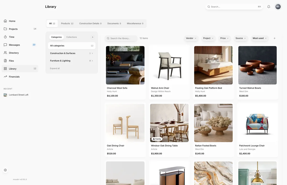 Library page with kind tabs for All, Products, Construction Details, Documents and Miscellaneous above a grid of saved products with vendors and prices.