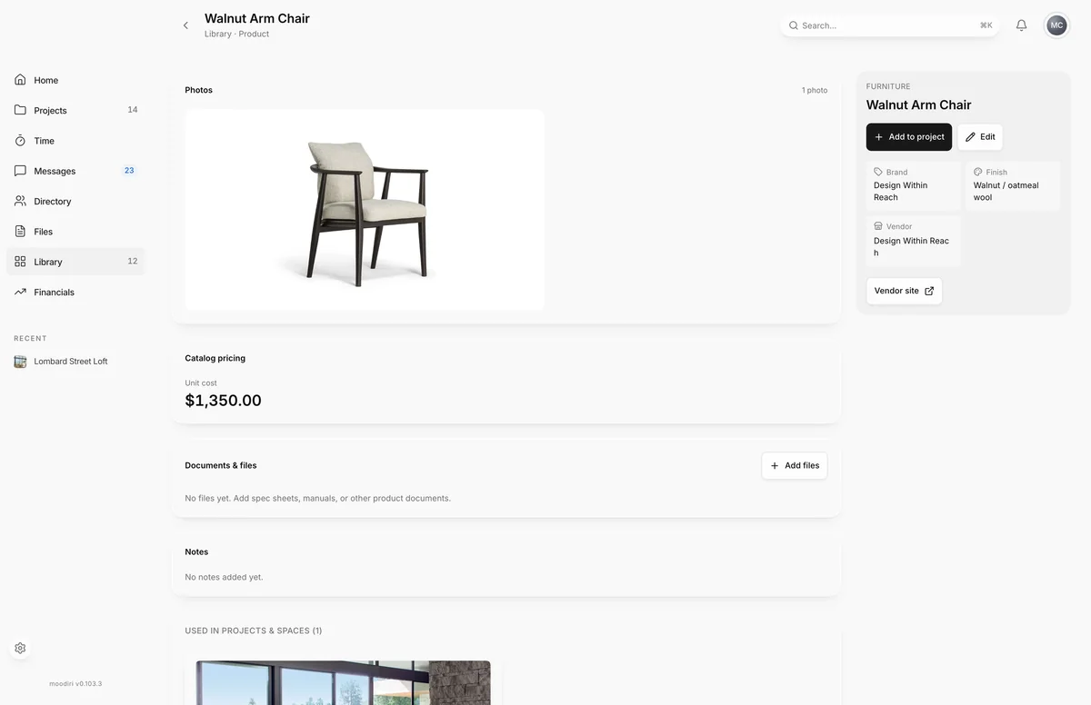 Library product page for Walnut Arm Chair, with its photo, a $1,350.00 unit cost, brand Design Within Reach, walnut and oatmeal wool finish, and Add to project and Edit buttons.