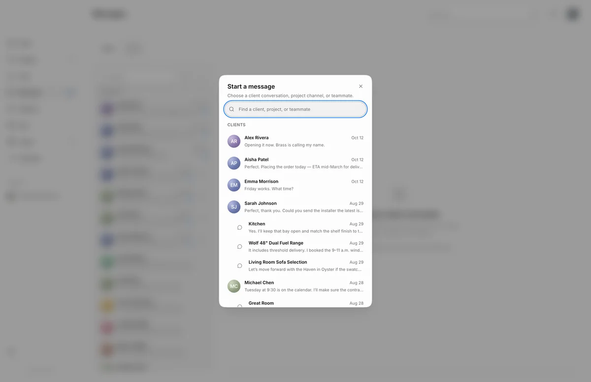 Start a message dialog with the Find a client, project, or teammate search field, listing recent client conversations such as Alex Rivera and Aisha Patel.