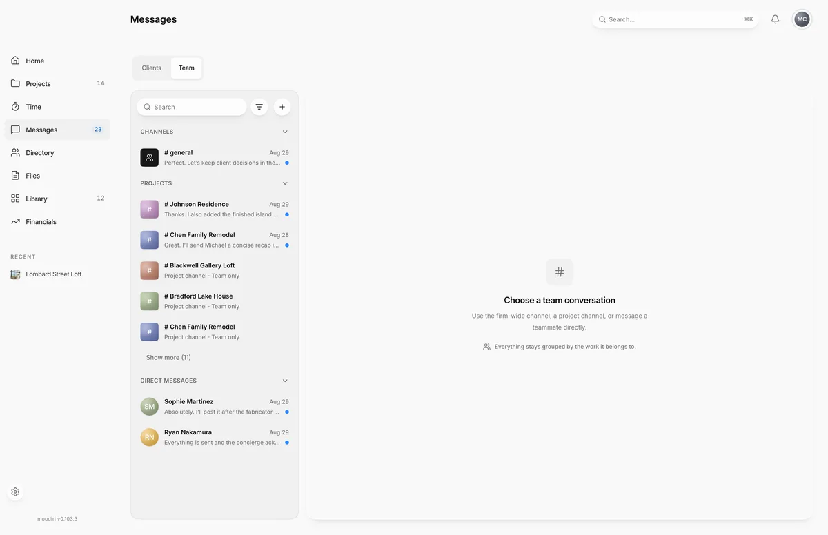 Messages workspace on the Team tab, listing the general channel, project channels such as Johnson Residence and Chen Family Remodel, and direct messages with teammates.