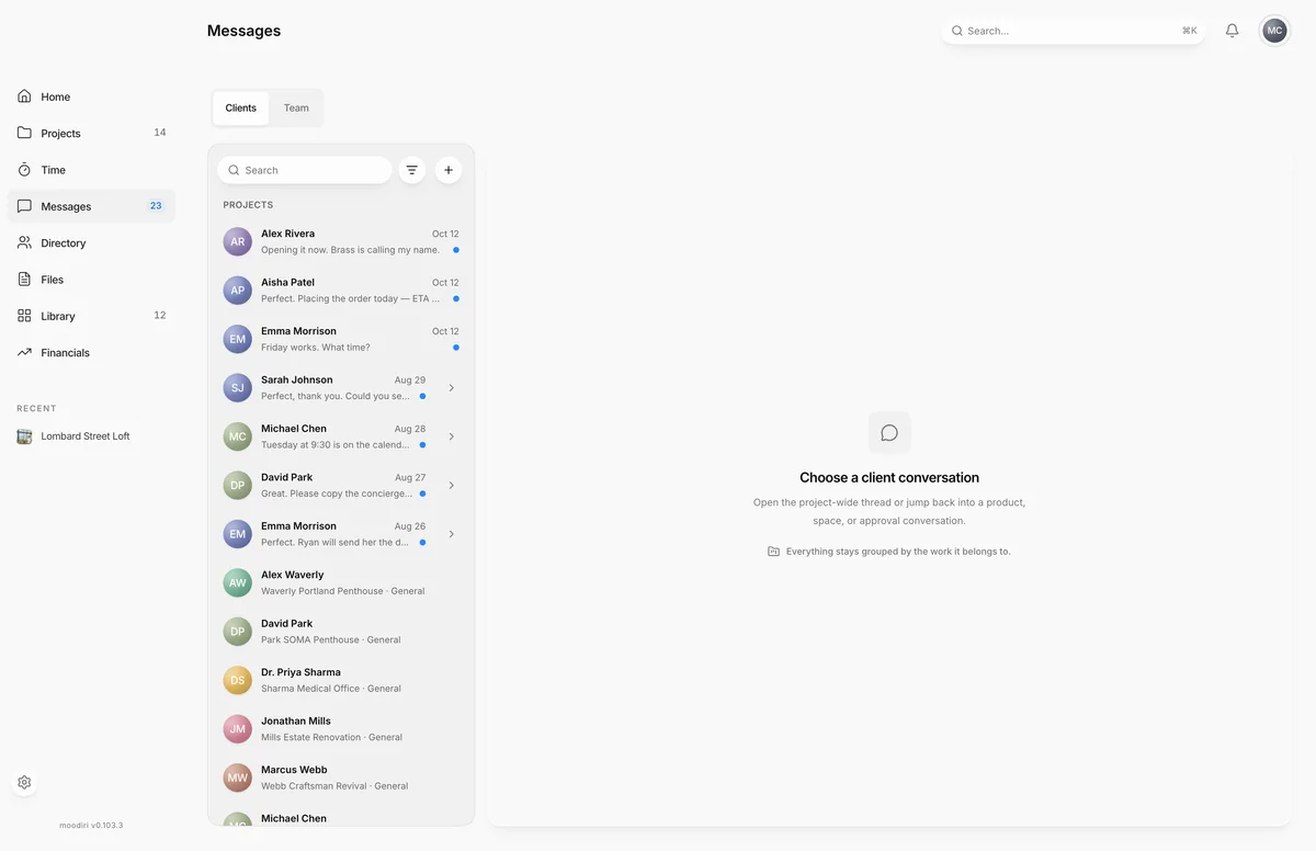 Messages workspace on the Clients tab, listing client conversations such as Alex Rivera and Aisha Patel by project, with a Team tab beside it and an empty conversation pane.