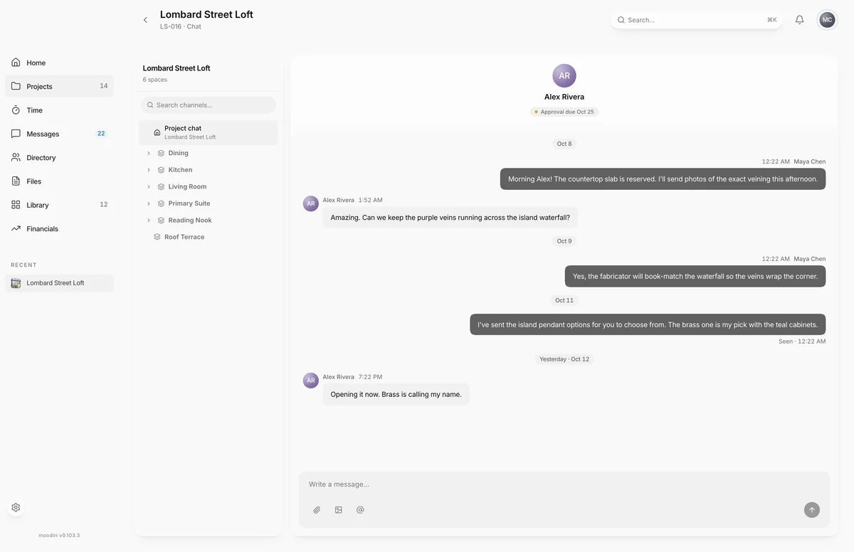 Project chat for Lombard Street Loft with the message composer at the bottom, showing buttons to attach a file, insert an image and mention someone below the Write a message field.