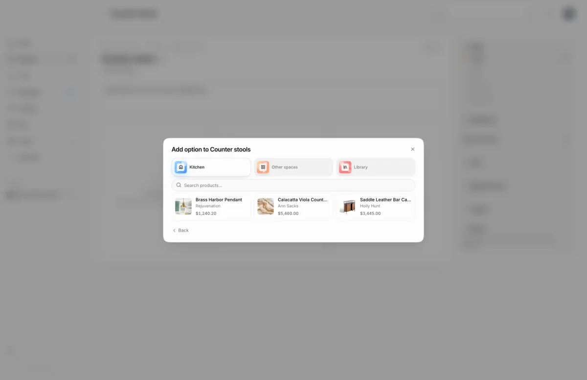 Select from existing view of the Add option to Counter stools dialog, with Kitchen, Other spaces and Library tabs and three Kitchen products to pick from.