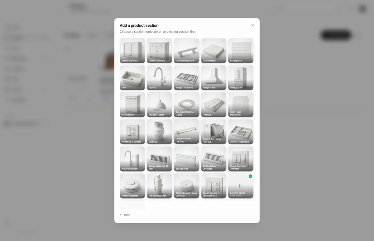 Add a product section dialog showing a grid of section templates such as Upper Cabinets, Sink, Faucet, Pendant Lights and Flooring, plus an existing Counter stools section.
