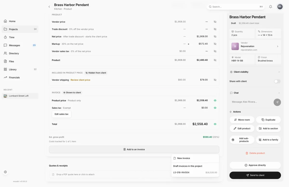 Brass Harbor Pendant product page with its pricing breakdown and the Add to an invoice menu open, offering New invoice or the draft invoice LS-016-INV004.