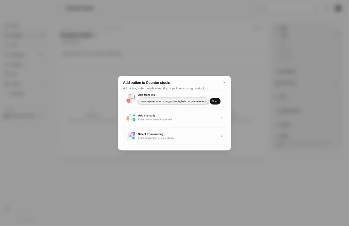 Add option to Counter stools dialog with three ways to add an option: Add from link, Add manually and Select from existing.