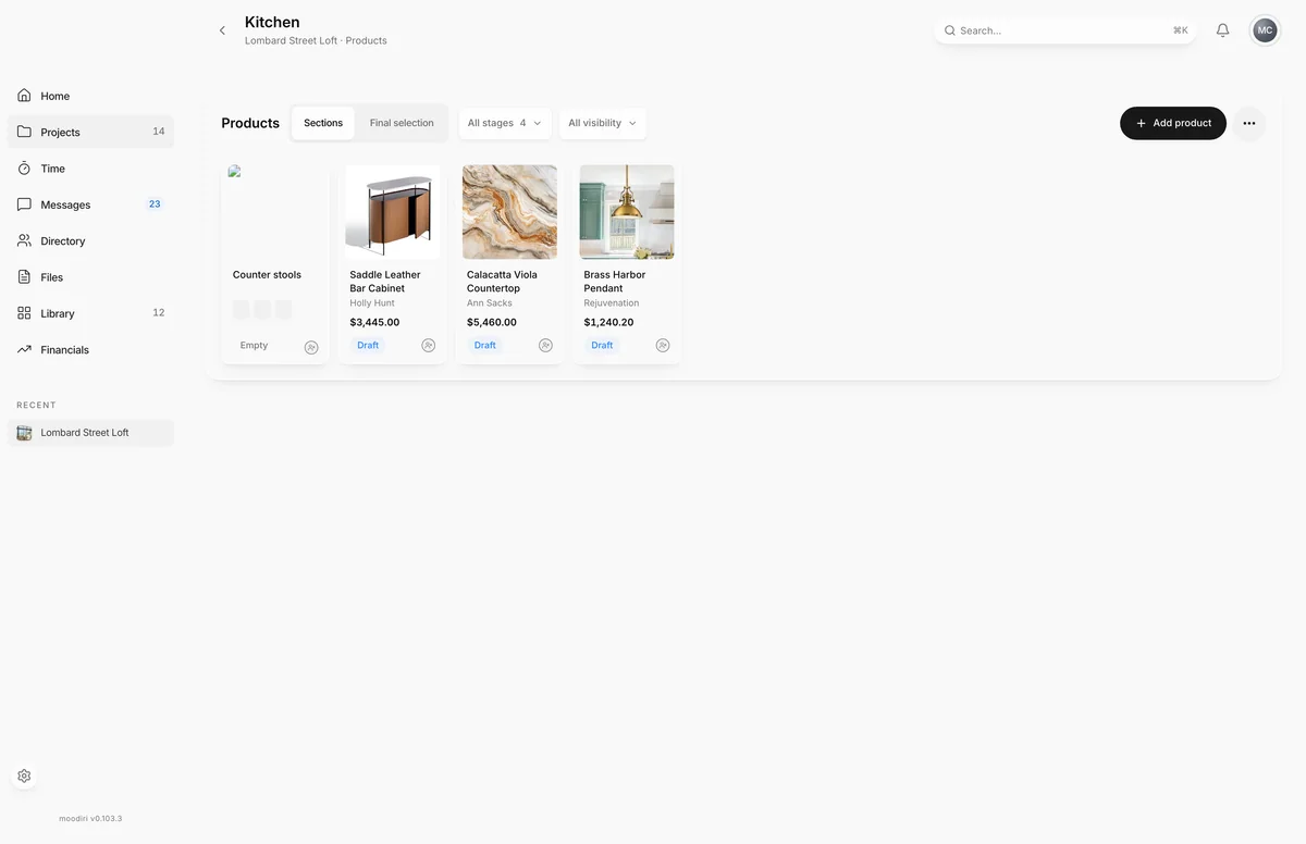 Kitchen products page with the Add product button at top right, above product cards such as Saddle Leather Bar Cabinet at $3,445.00 and Brass Harbor Pendant at $1,240.20.
