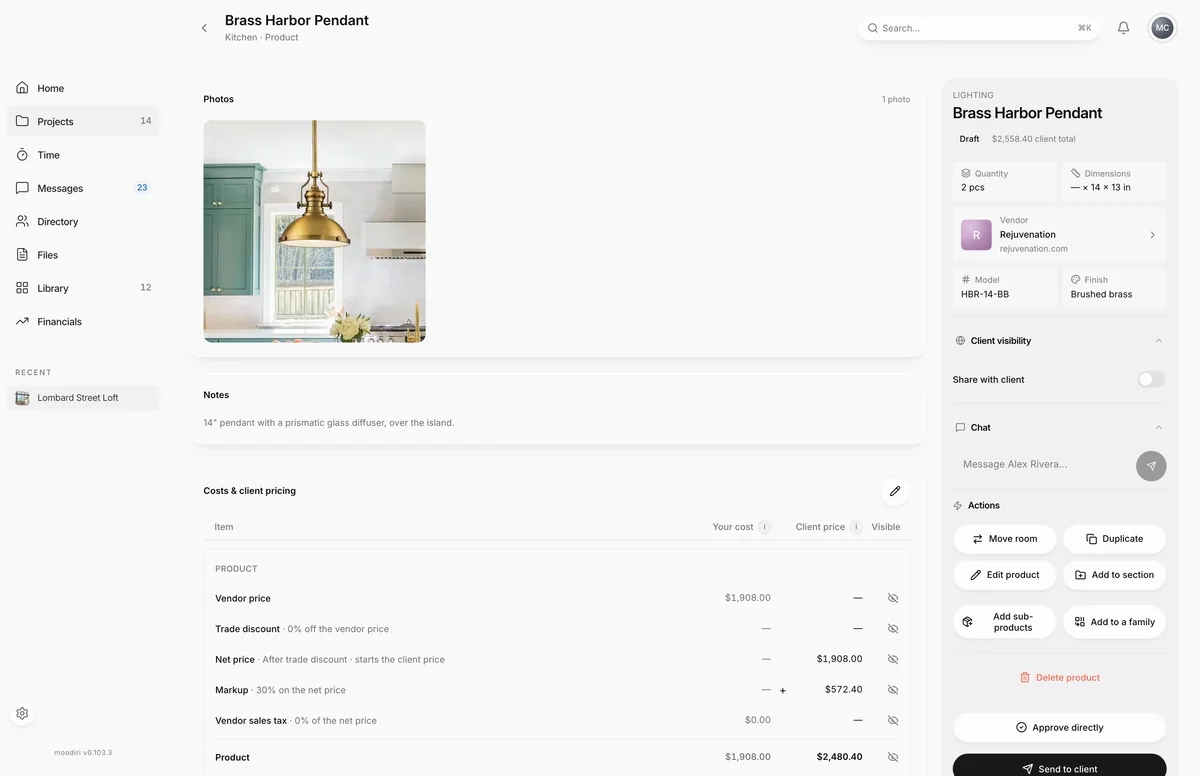 Brass Harbor Pendant product page with the Actions panel showing Move room, Duplicate, Edit product, Add to section, Add sub-products, Add to a family and Delete product.