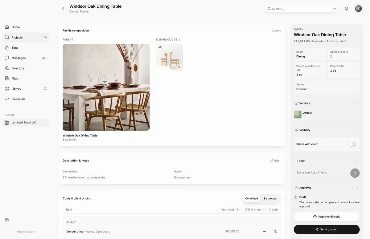 Windsor Oak Dining Table family page, with the parent table and an 8-chair sub-product marked hidden, and the Visibility panel's Share with client toggle switched off.