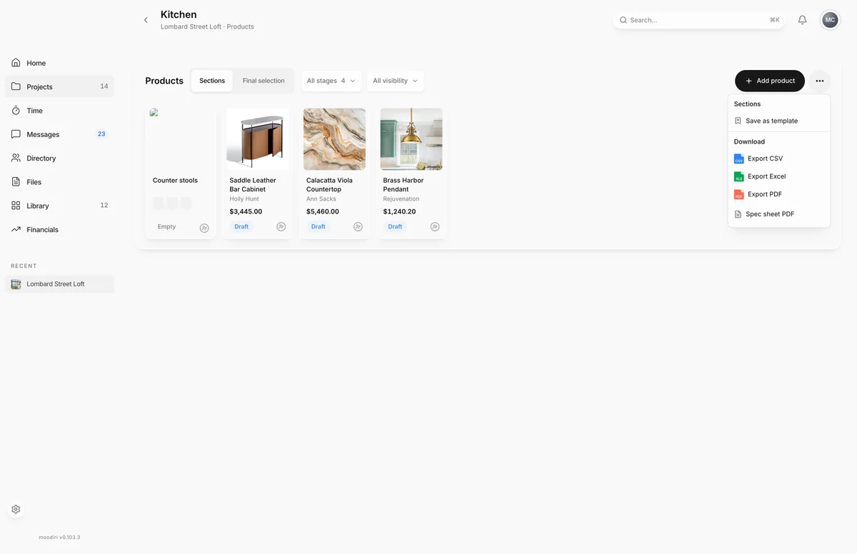 Kitchen products for Lombard Street Loft, with the more menu open showing Export CSV, Export Excel, Export PDF and Spec sheet PDF beside product cards.