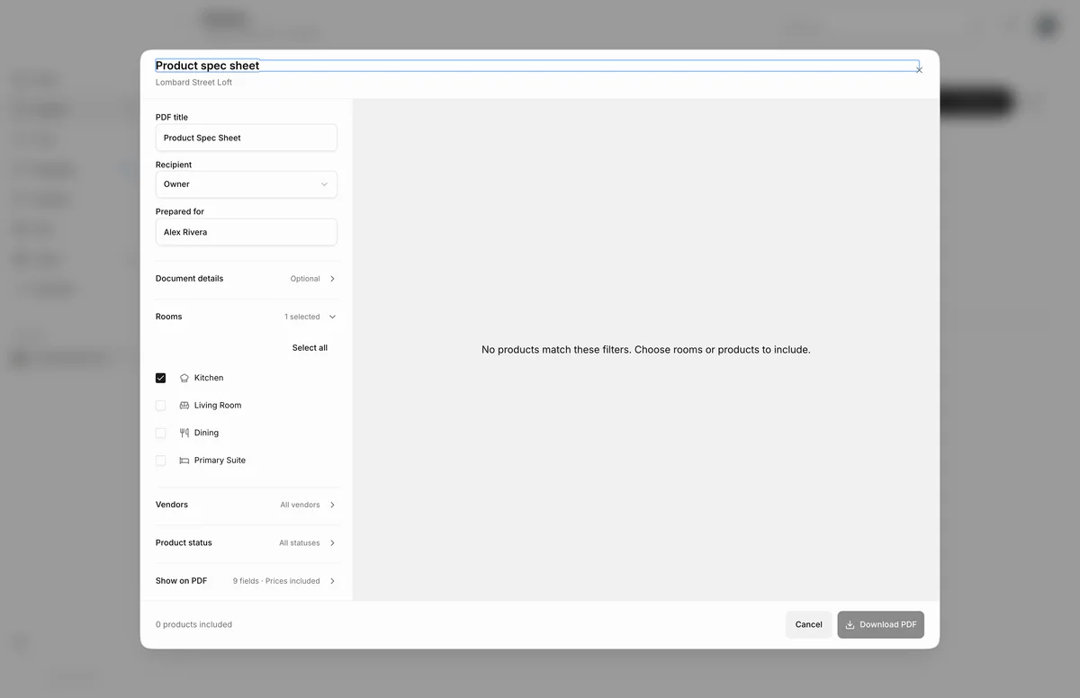 Product spec sheet dialog for Lombard Street Loft, with PDF title, recipient, prepared for Alex Rivera, room and vendor filters, and a Download PDF button.