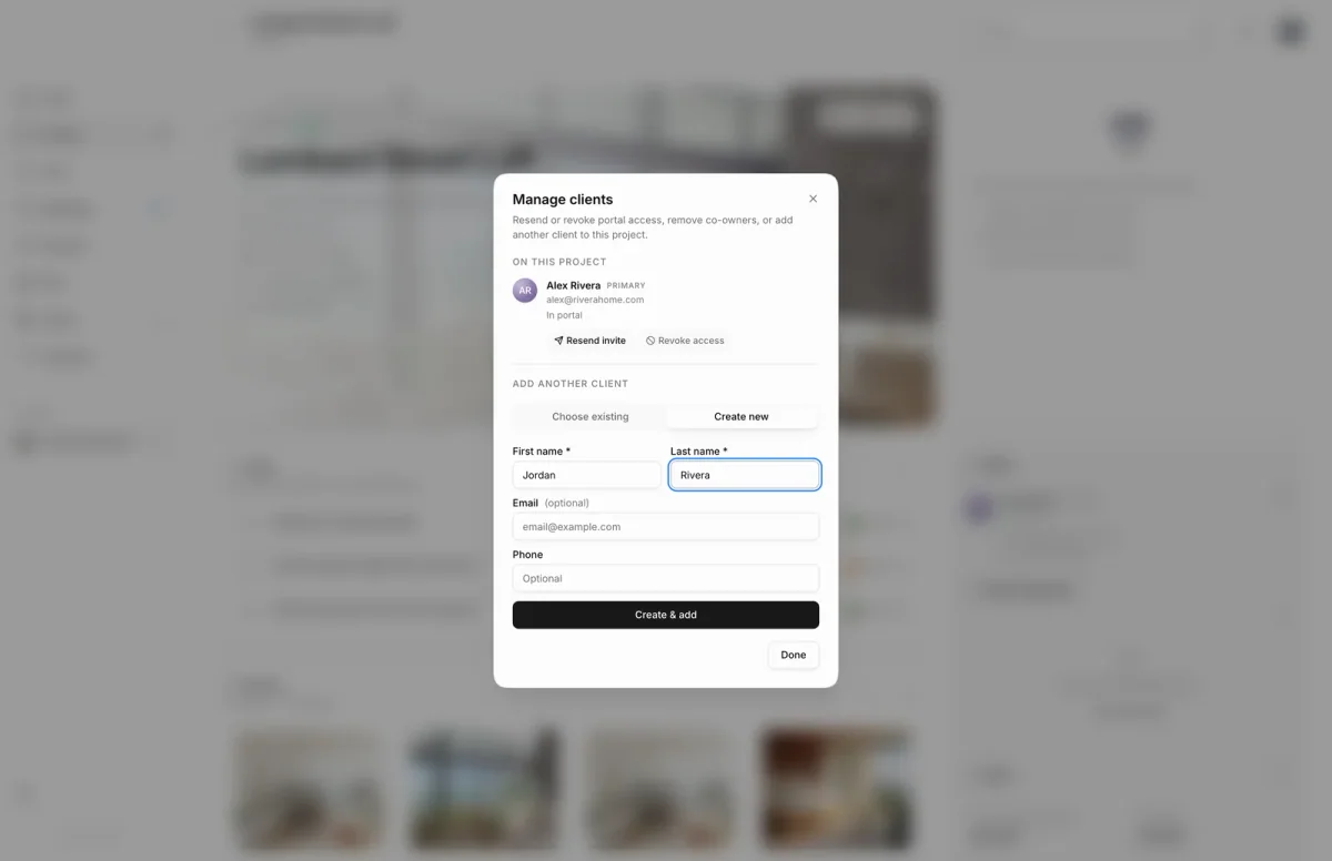 Manage clients dialog listing Alex Rivera as the primary client in the portal, with Create new chosen under Add another client and Jordan Rivera's name filled in.