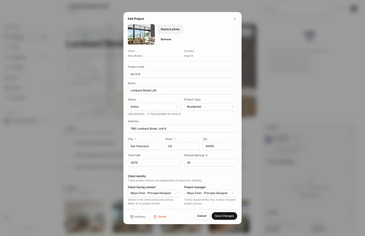 Edit Project dialog for Lombard Street Loft, with project details and a Client identity section where Client-facing contact and Project manager are both set to Maya Chen.