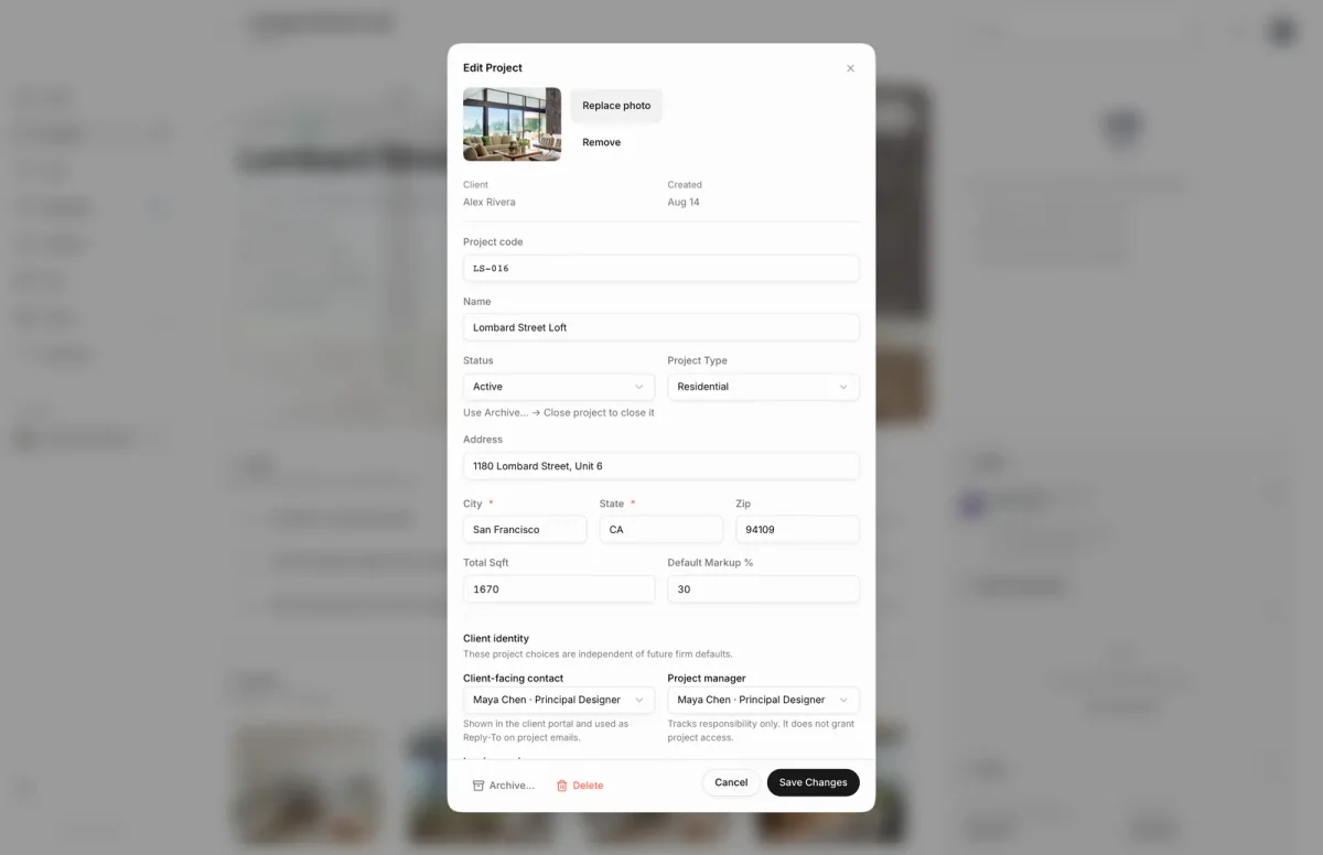 Edit Project dialog for Lombard Street Loft, with the project code, name, status, address and markup fields, and Archive and Delete buttons at the bottom left.