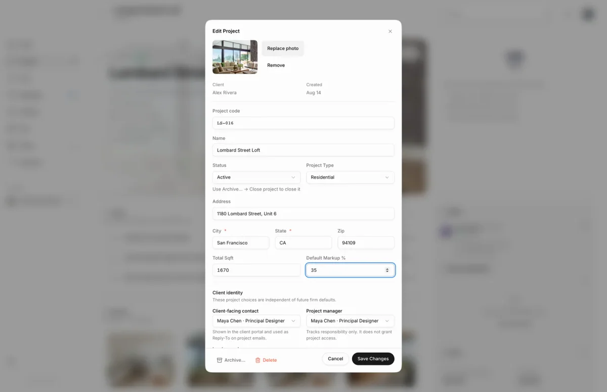 Edit Project dialog for Lombard Street Loft with project code, name, status, type, address, square footage, default markup, client-facing contact and project manager, and Save Changes.