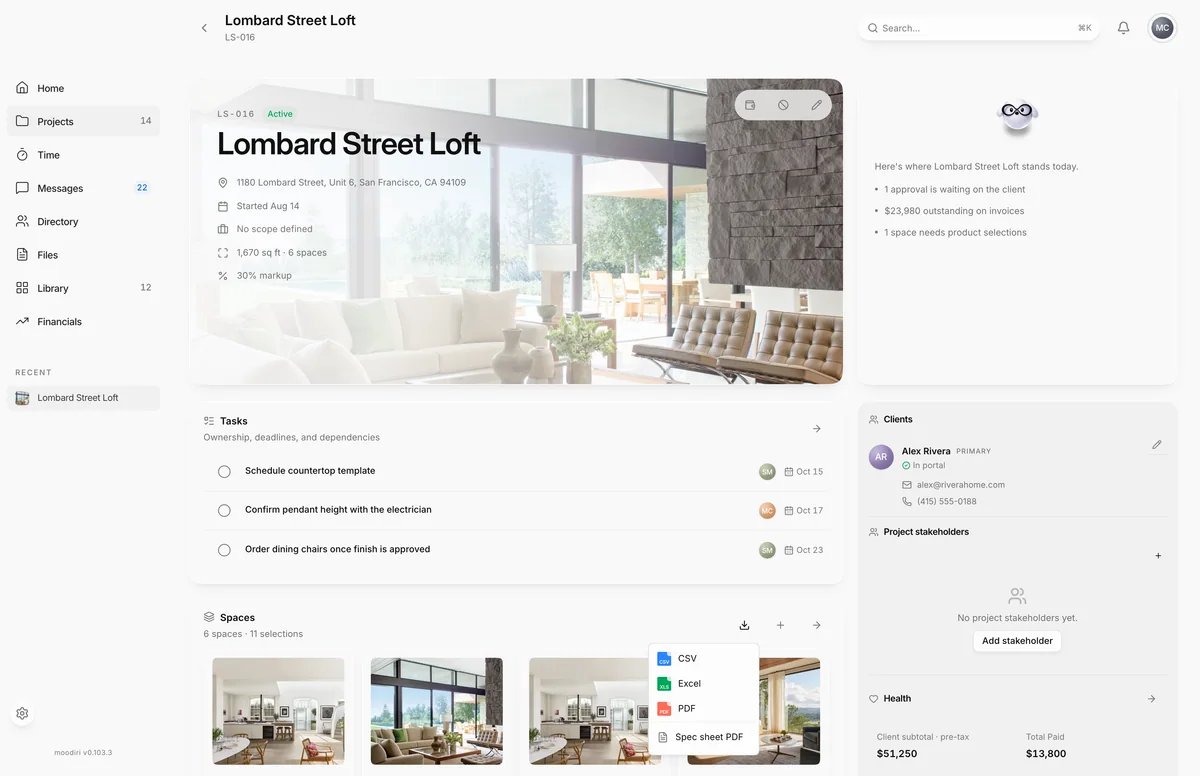 Lombard Street Loft project overview with the Spaces export menu open and Spec sheet PDF listed below the CSV, Excel and PDF options.