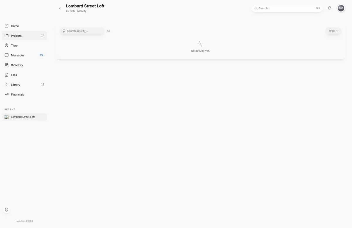 Activity tab for Lombard Street Loft with a Search activity box and Type filter, showing the empty state No activity yet.