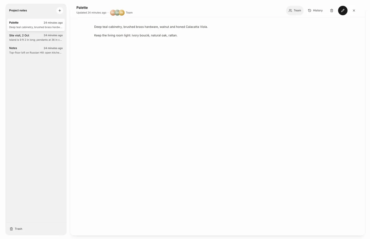 Project notes panel listing Palette, Site visit, 2 Oct and Notes, with the Trash link at the bottom of the list for restoring or deleting notes.