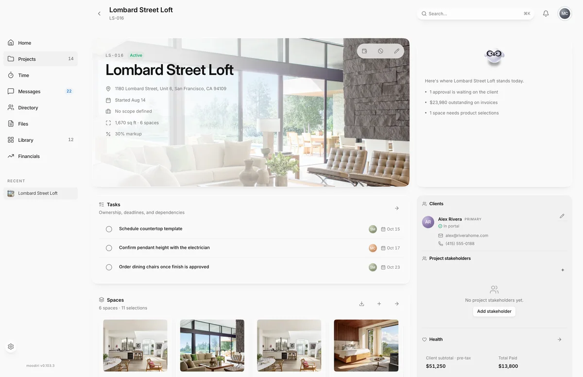 Project overview for Lombard Street Loft, with the Health card showing a $51,250 client subtotal and $13,800 paid, and a summary noting $23,980 outstanding on invoices.