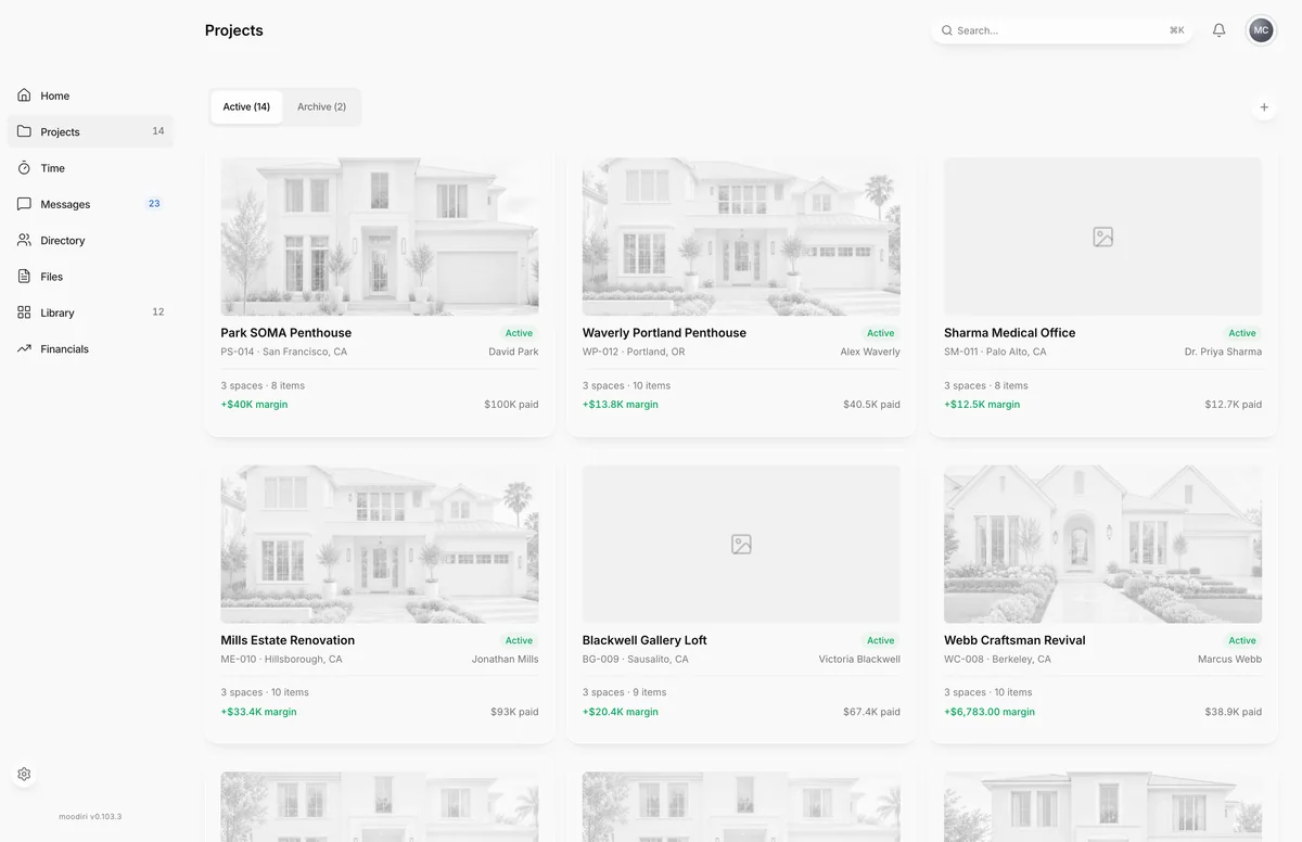Projects list on the Active (14) tab, showing project cards like Park SOMA Penthouse and Mills Estate Renovation with client, location, margin and amount paid, plus a new project button.