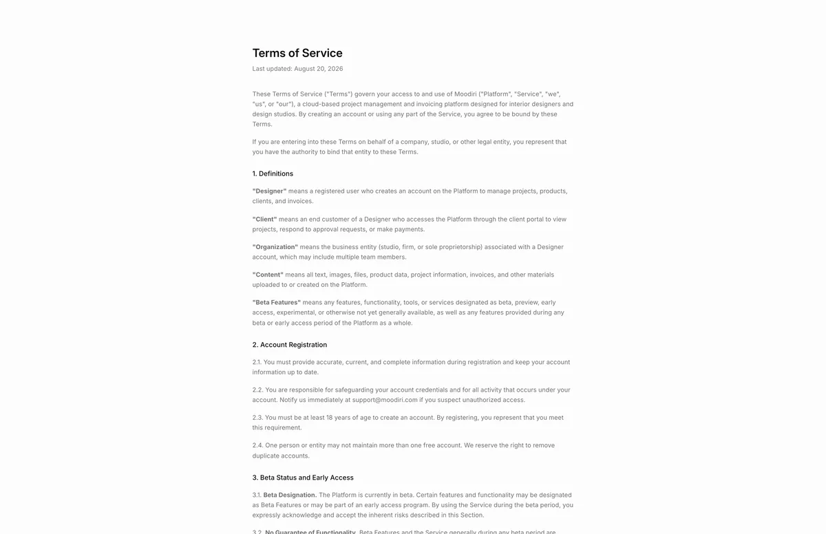 Moodiri Terms of Service page, last updated August 20, 2026, showing the opening sections on definitions, account registration and beta status.