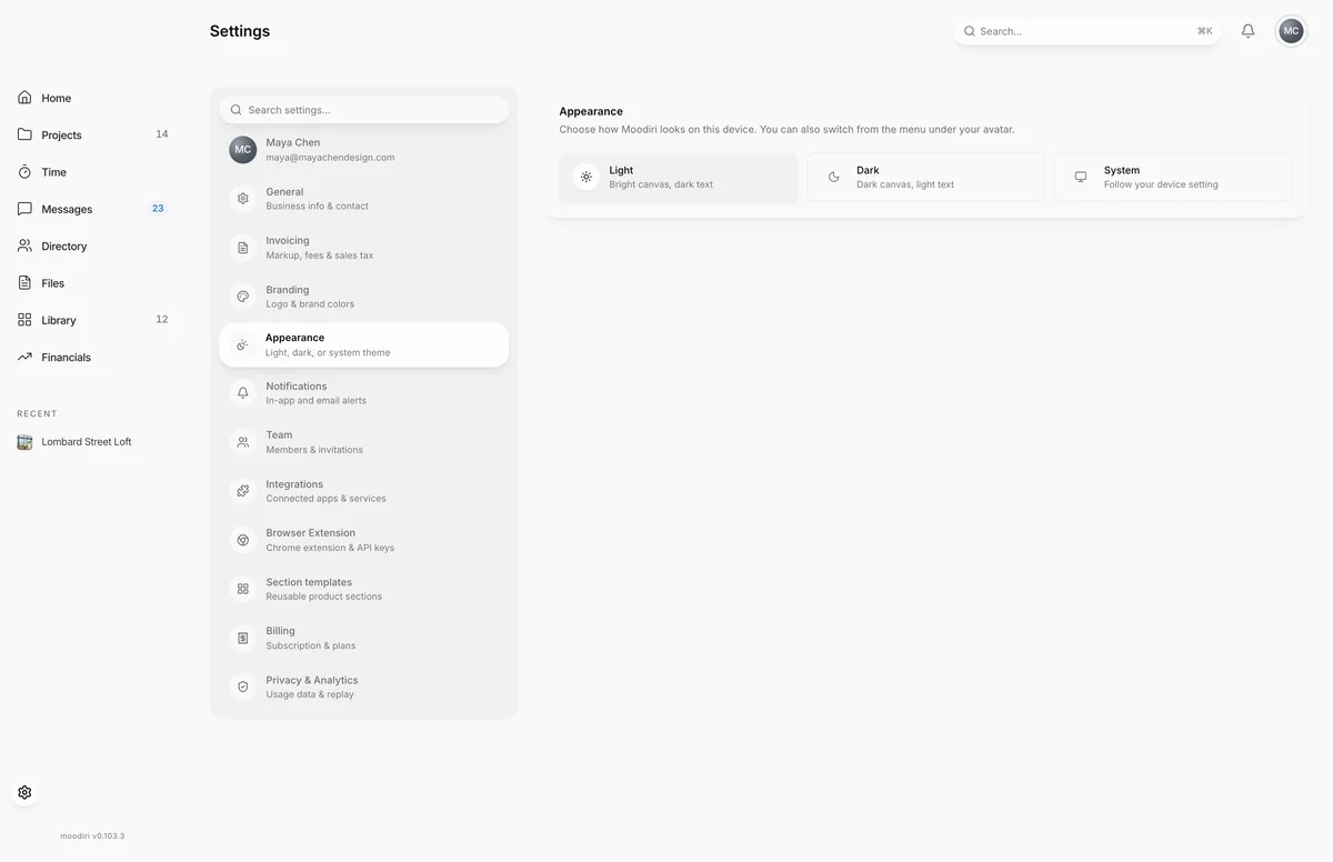 Appearance settings with three theme choices, Light, Dark and System, with Light selected.