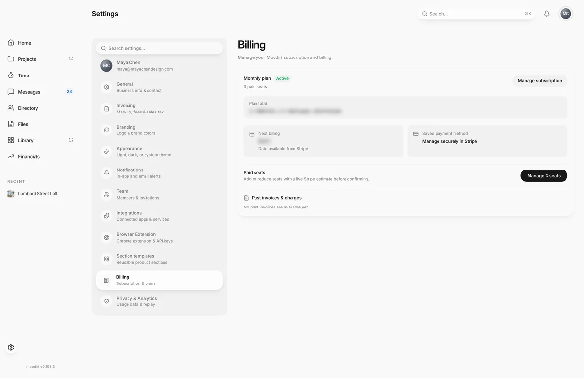 Billing settings showing an active Monthly plan with 3 paid seats, next billing and saved payment method cards, a Manage 3 seats button and past invoices.