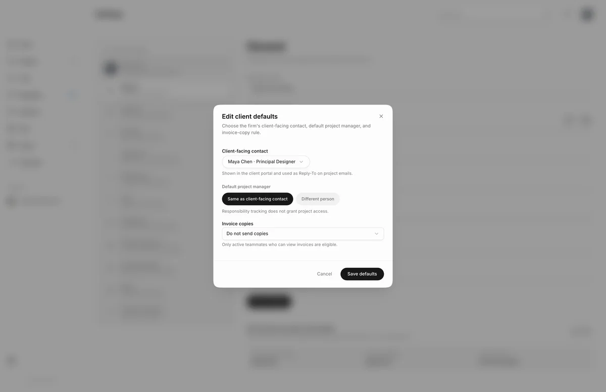 Edit client defaults dialog setting Maya Chen as client-facing contact, the default project manager, and invoice copies, with a Save defaults button.