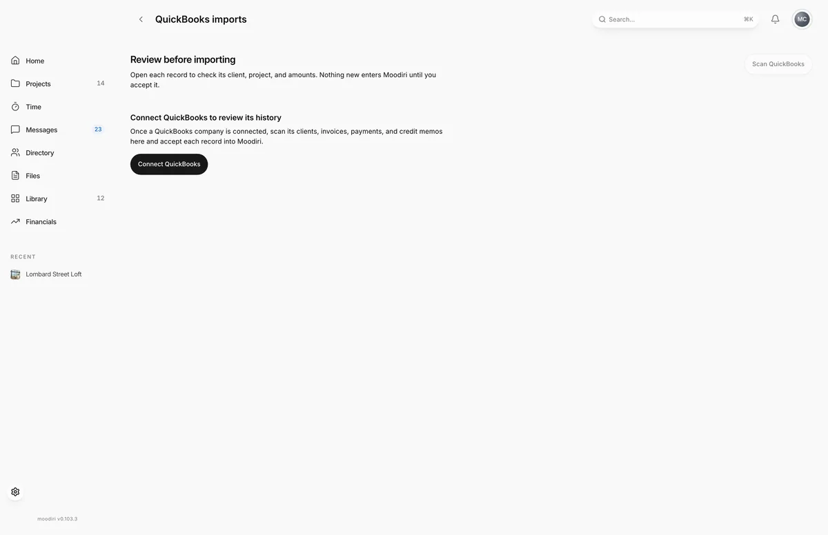 QuickBooks imports page explaining that records are reviewed before importing, with a Connect QuickBooks button and a Scan QuickBooks button at top right.