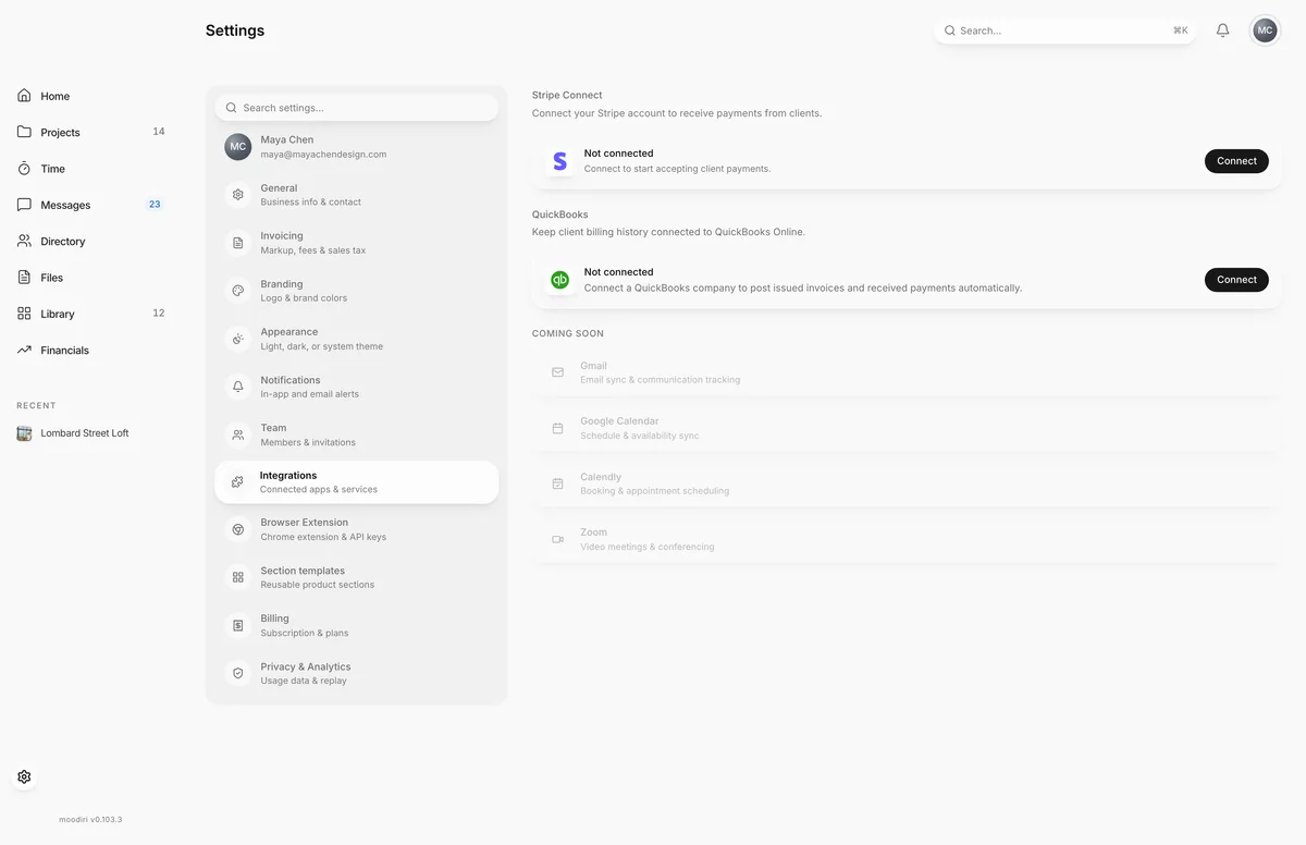 Integrations settings with Stripe Connect and QuickBooks both not connected and a Connect button for each, plus a Coming soon list including Gmail and Google Calendar.