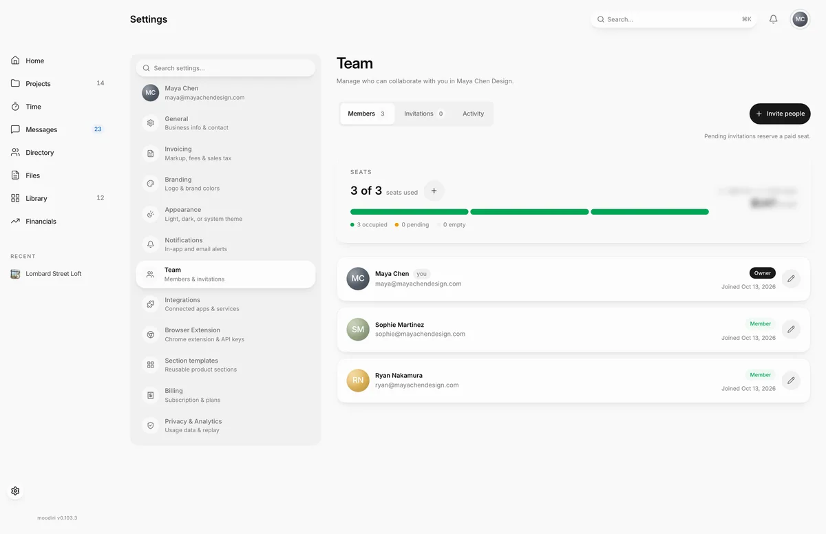 Team settings with the Invite people button at top right, a note that pending invitations reserve a paid seat, and the seat meter showing 3 of 3 seats used.