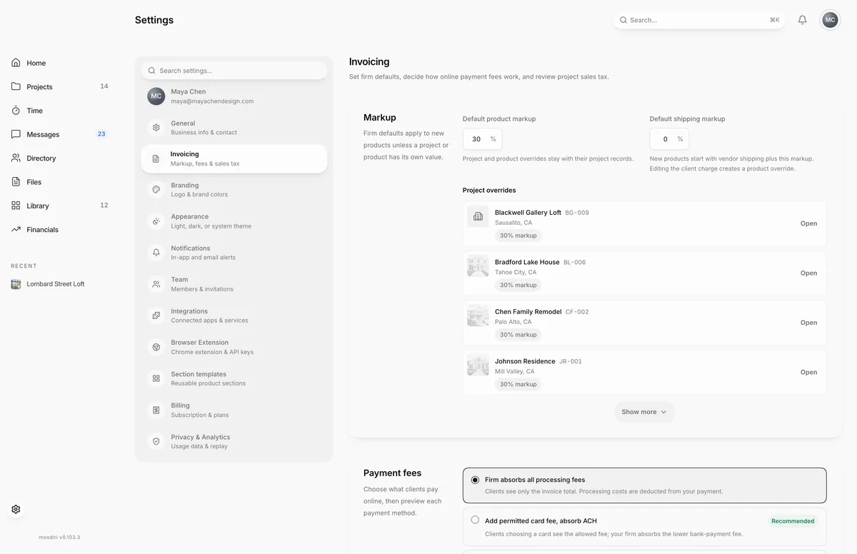 Invoicing settings with a 30% default product markup, project markup overrides, and Payment fees options for how clients pay processing fees online.