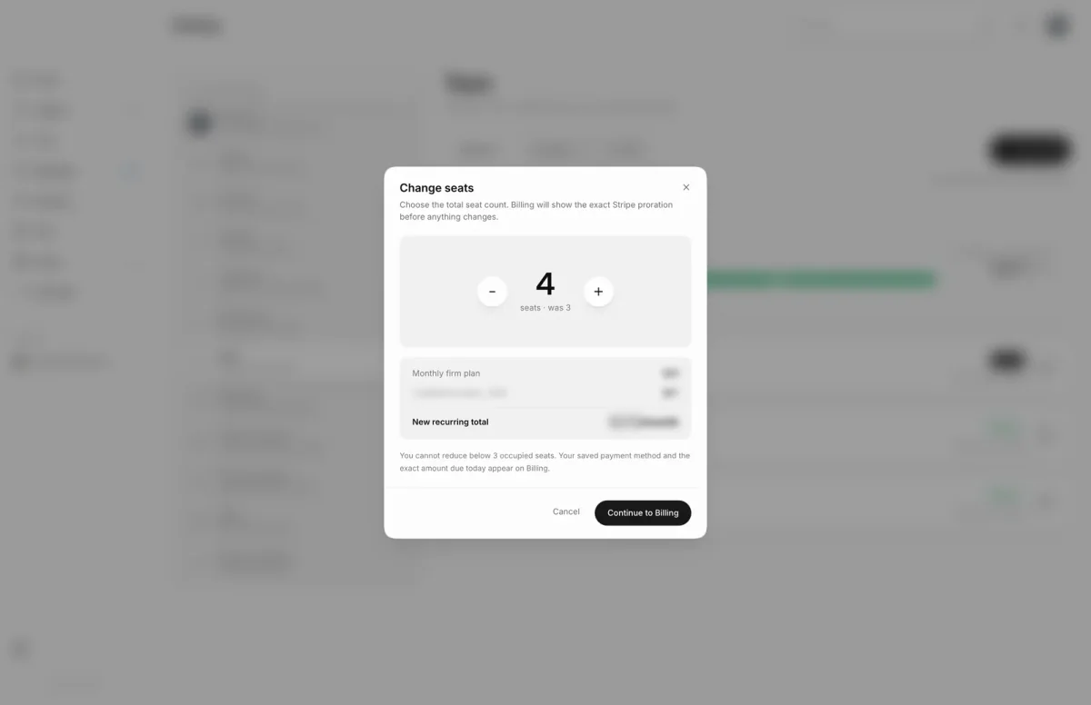 Change seats dialog raising the seat count from 3 to 4, with a recurring total summary and Continue to Billing.