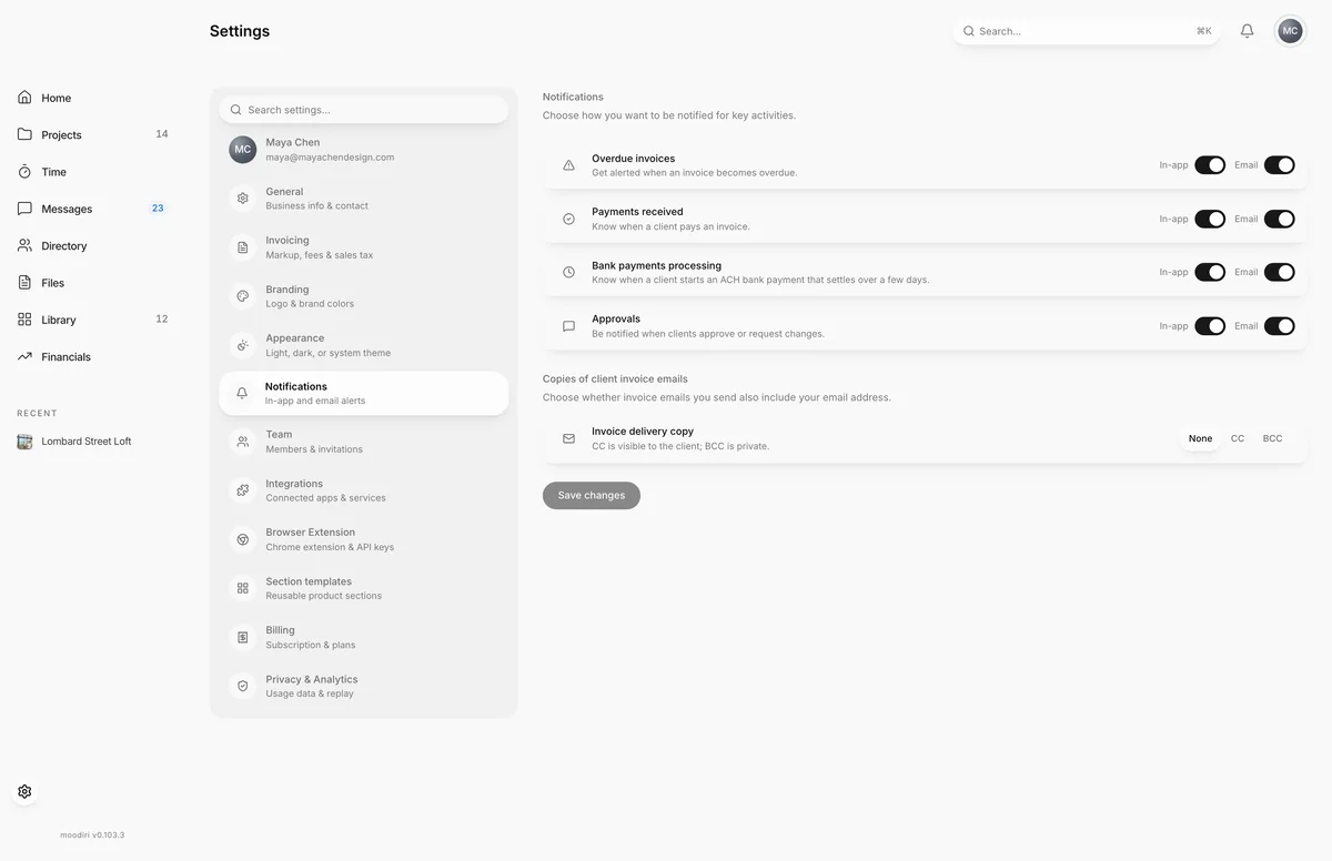 Notifications settings with in-app and email toggles for overdue invoices, payments received, bank payments processing and approvals, plus an invoice delivery copy choice of None, CC or BCC.