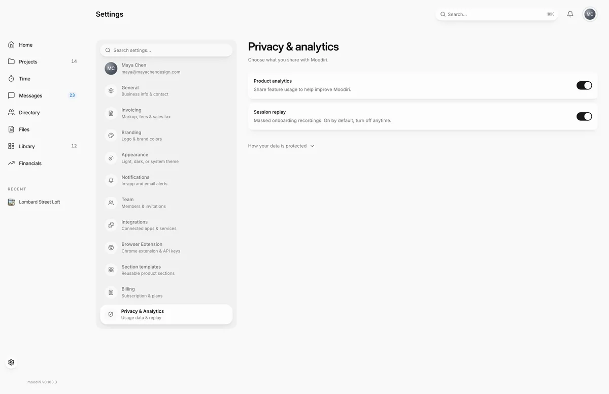 Privacy and analytics settings with Product analytics and Session replay toggles both switched on, and a How your data is protected link below.