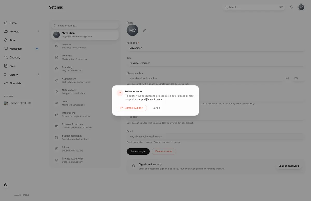 Profile settings with the Delete Account dialog open, explaining that account deletion is handled by support, with Contact Support and Cancel buttons.