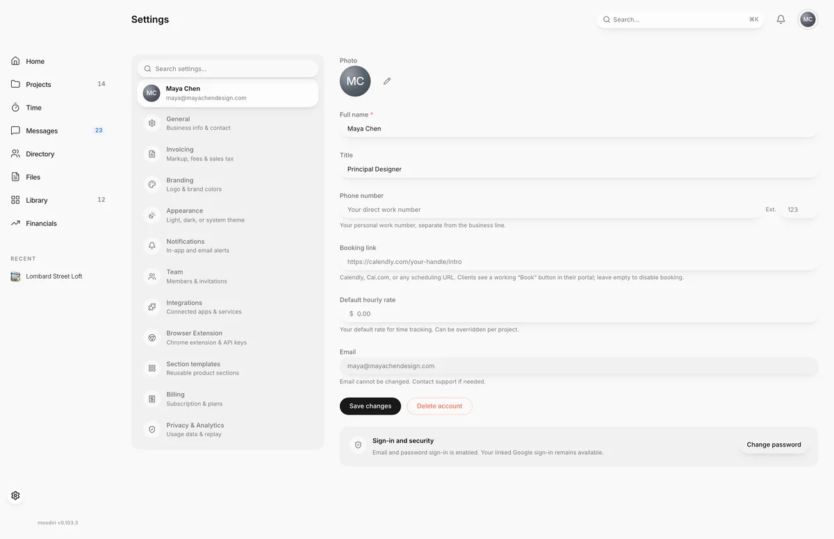 Profile settings for Maya Chen, with photo, full name, title Principal Designer, phone, booking link and default hourly rate fields, and a Save changes button.