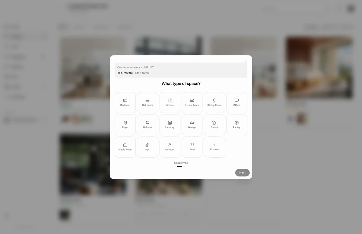 Add a space wizard asking What type of space?, with a grid of types from Bedroom and Kitchen to Gym and Pool, a Custom option, and a prompt to restore a draft.