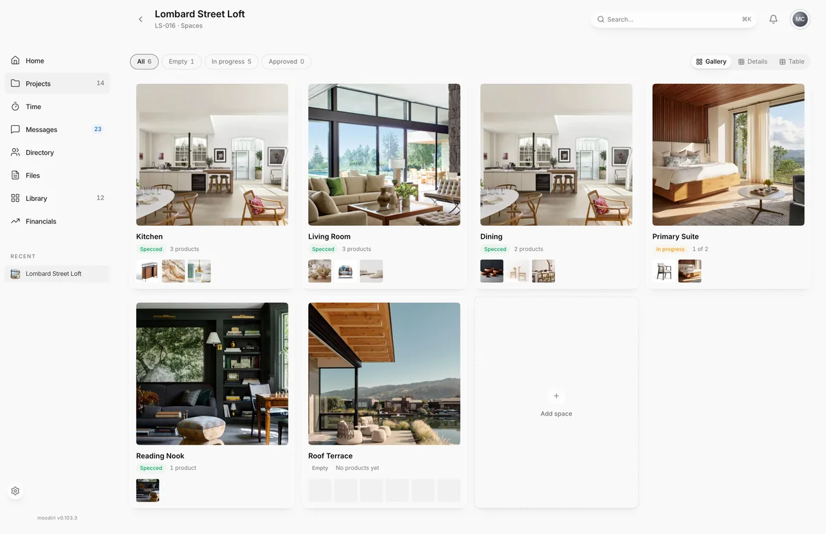 Spaces for Lombard Street Loft in Gallery view, listing Kitchen, Living Room, Dining, Primary Suite, Reading Nook and Roof Terrace with their status and product counts.