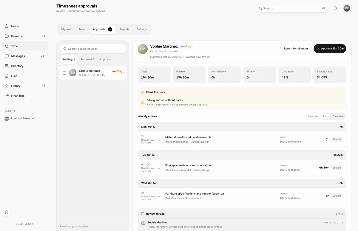 Timesheet approvals with Sophie Martinez's week awaiting review, 19h 30m billable, a check for long entries without notes, and her weekly entries.